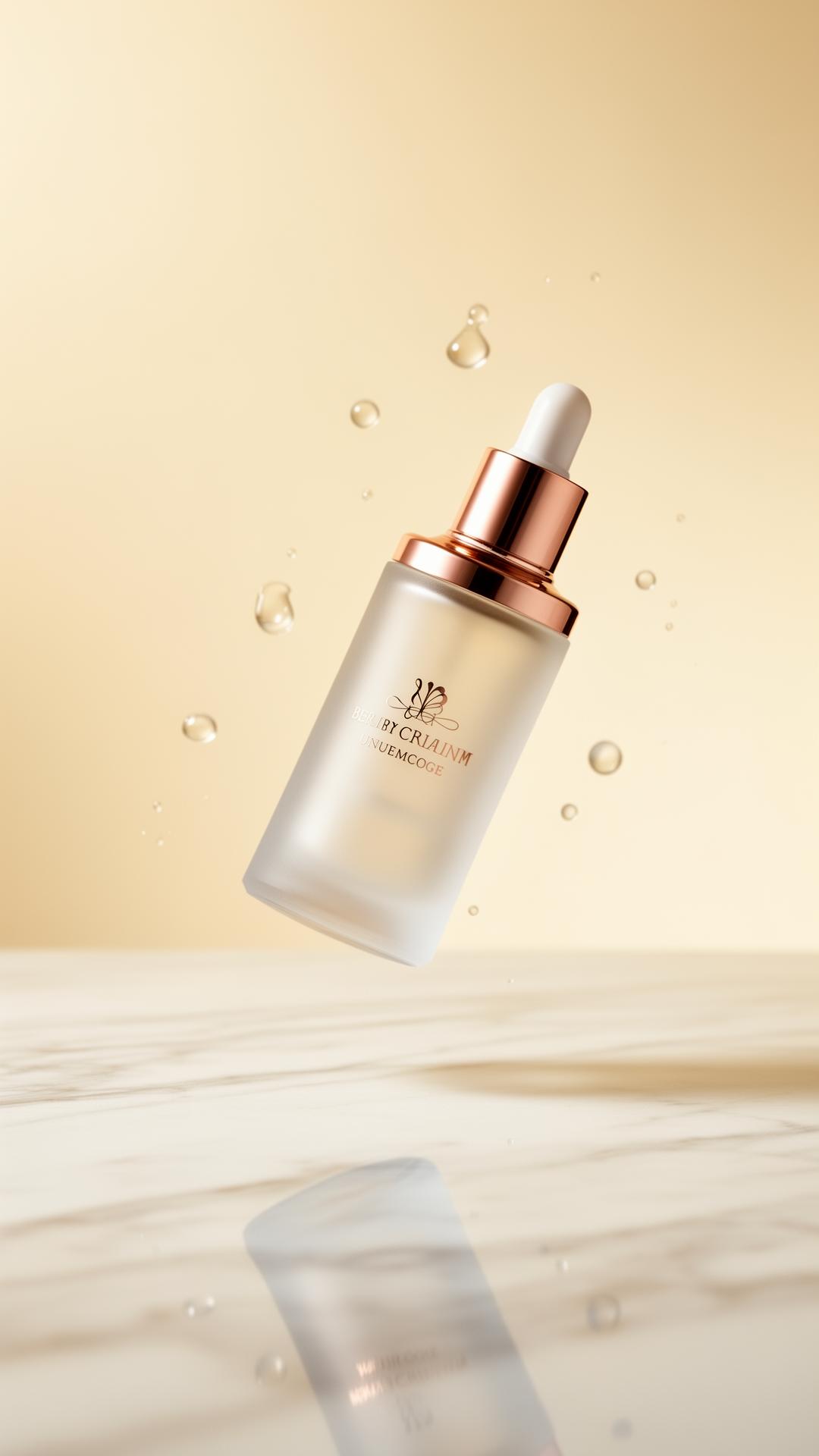Maison Lumière signature serum bottle floating in champagne light